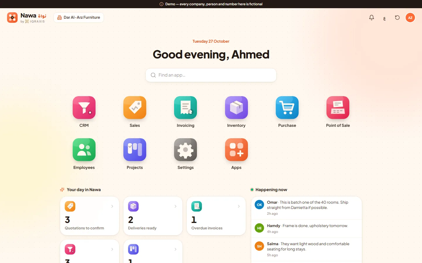 Nawa app launcher: CRM, sales, invoicing, inventory, purchase, point of sale and more